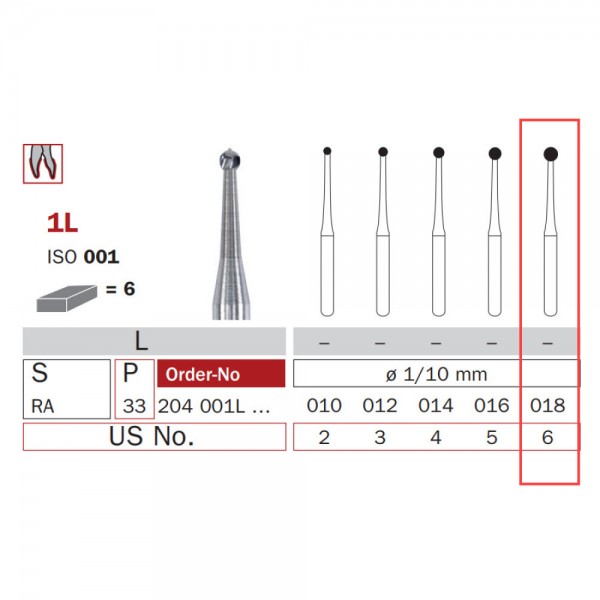 Carbide Bur, RA 018, Long Round ISO No. 001