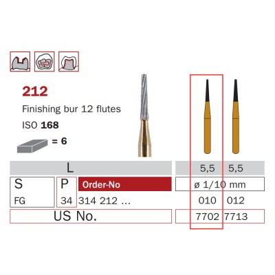 Finishing Carbide Bur, FG 010, Truncated Cone, 12 Flutes, ISO No. 168